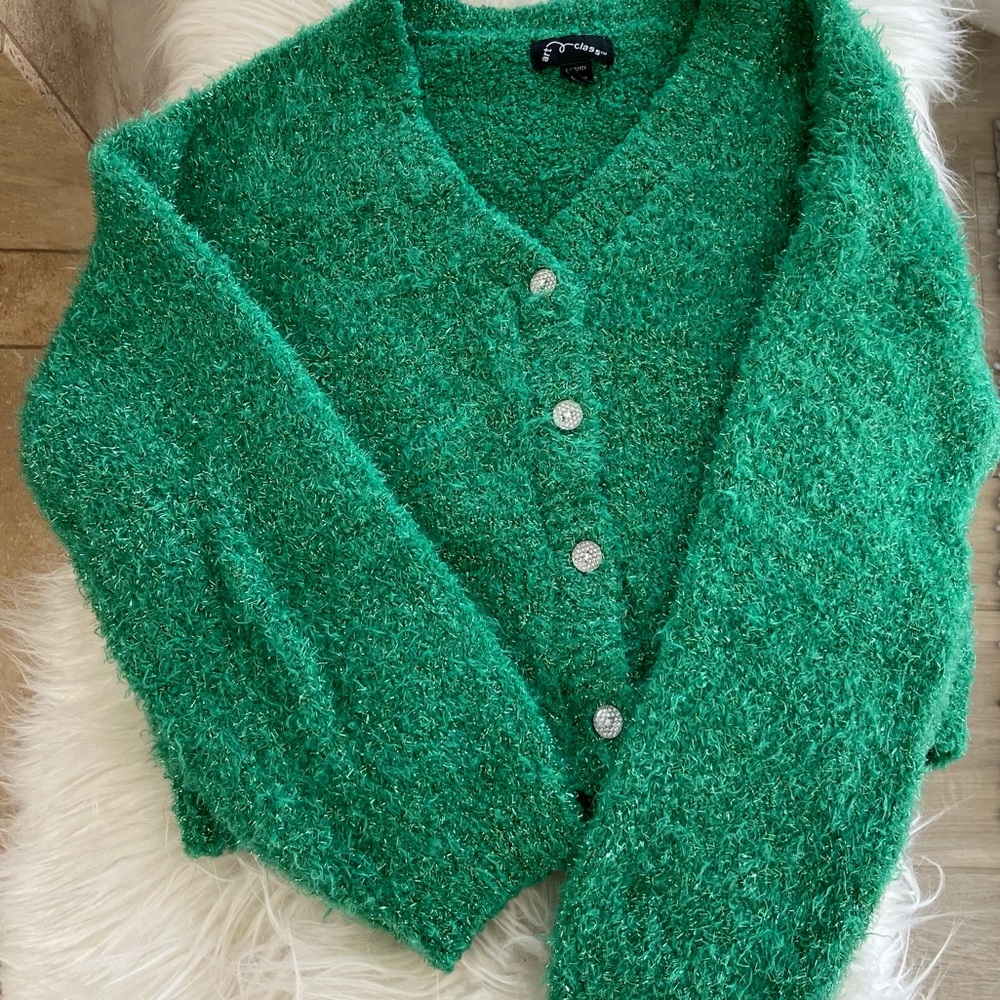 Green Eyelash Cardigan Sweater